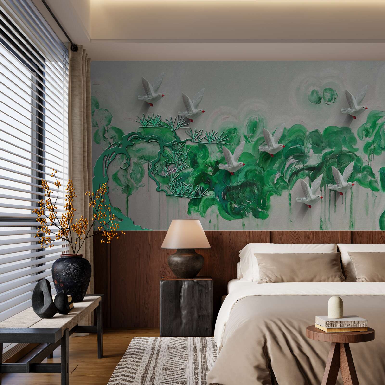 Fototapeta biele vtáky a zelené listy