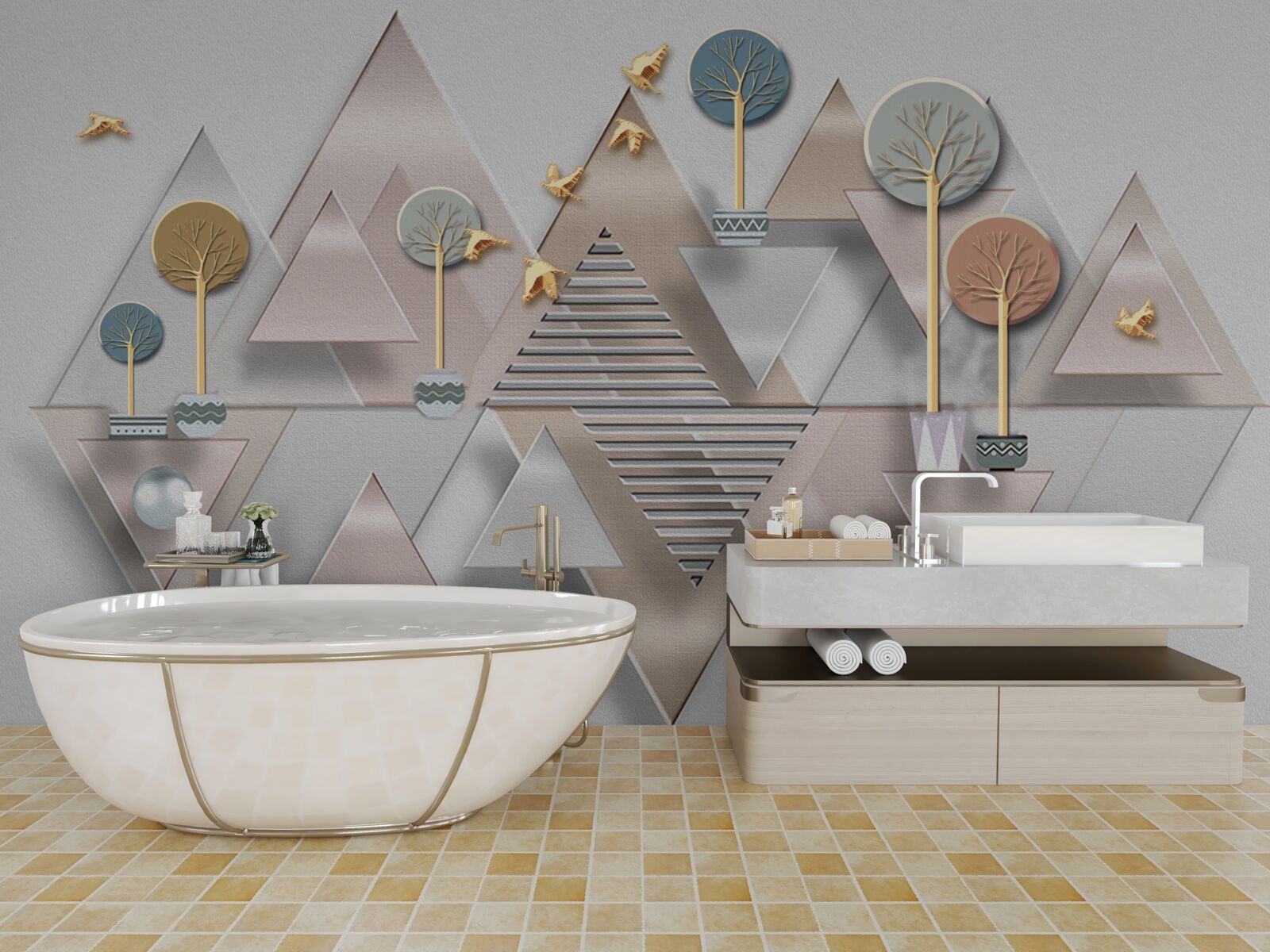 Fototapeta odraz lesa vo vode je prezentovaný formou geometrickej abstrakcie