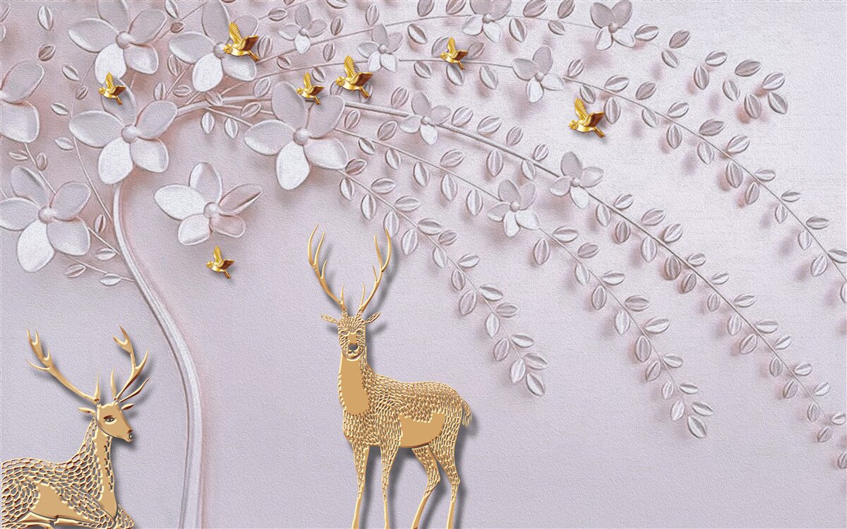 Fototapeta majestátny zlatý jeleň v blízkosti kvitnúceho stromu