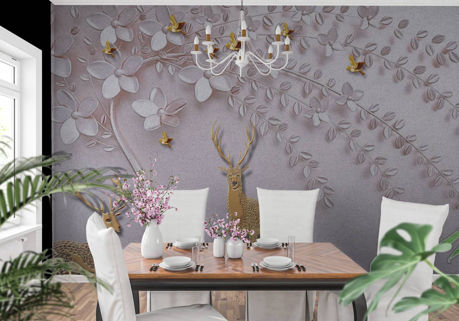 Fototapeta majestátny zlatý jeleň v blízkosti kvitnúceho stromu