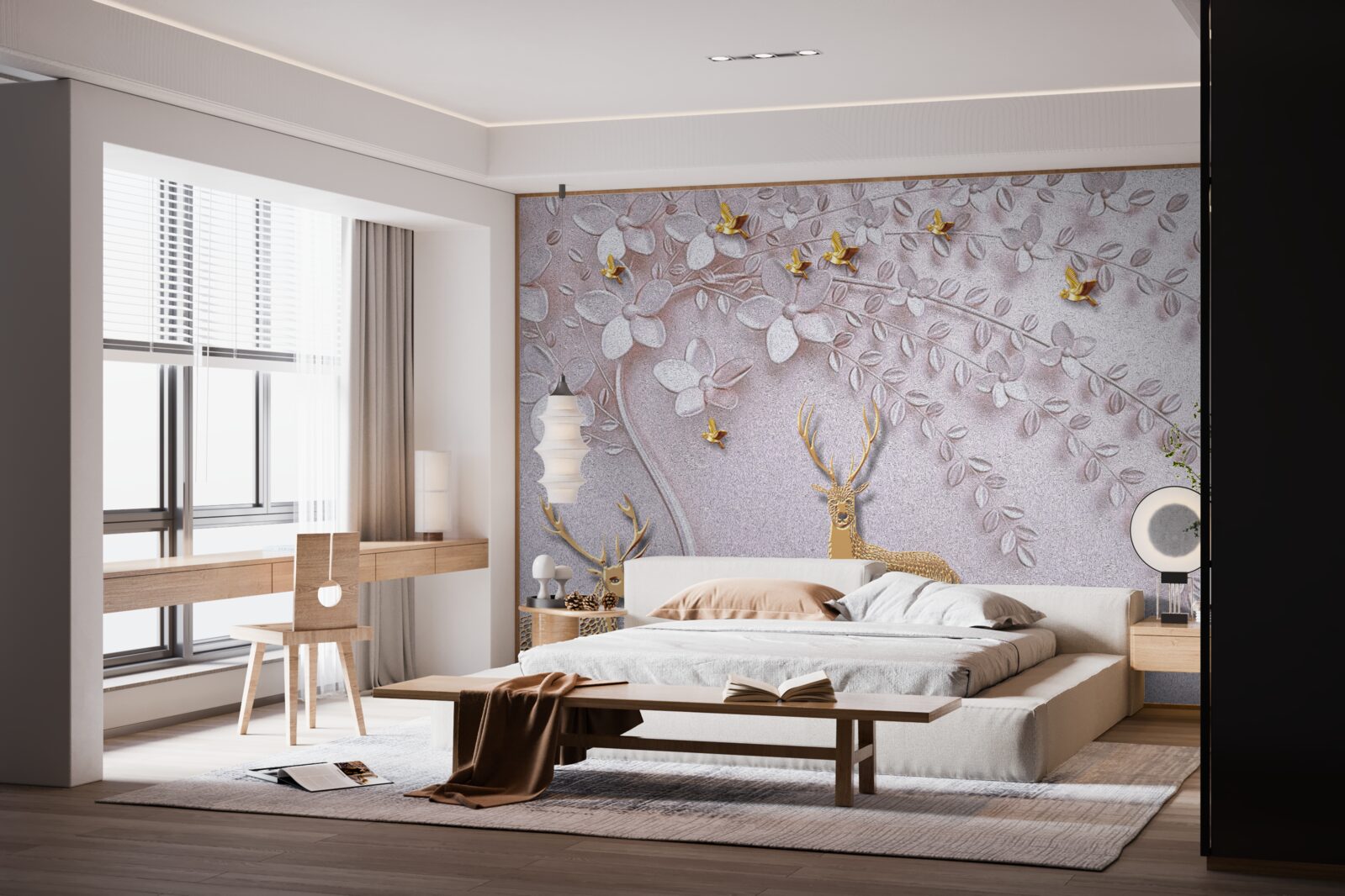 Fototapeta majestátny zlatý jeleň v blízkosti kvitnúceho stromu