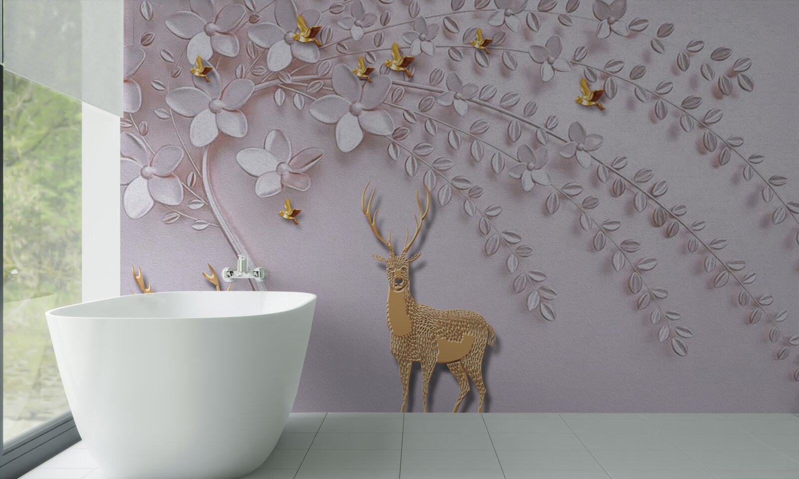 Fototapeta majestátny zlatý jeleň v blízkosti kvitnúceho stromu