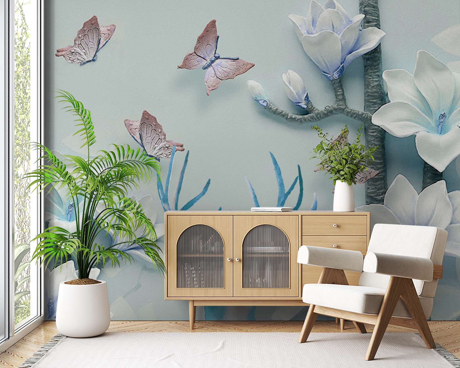 Fototapeta jeleň, biela magnólia a motýle