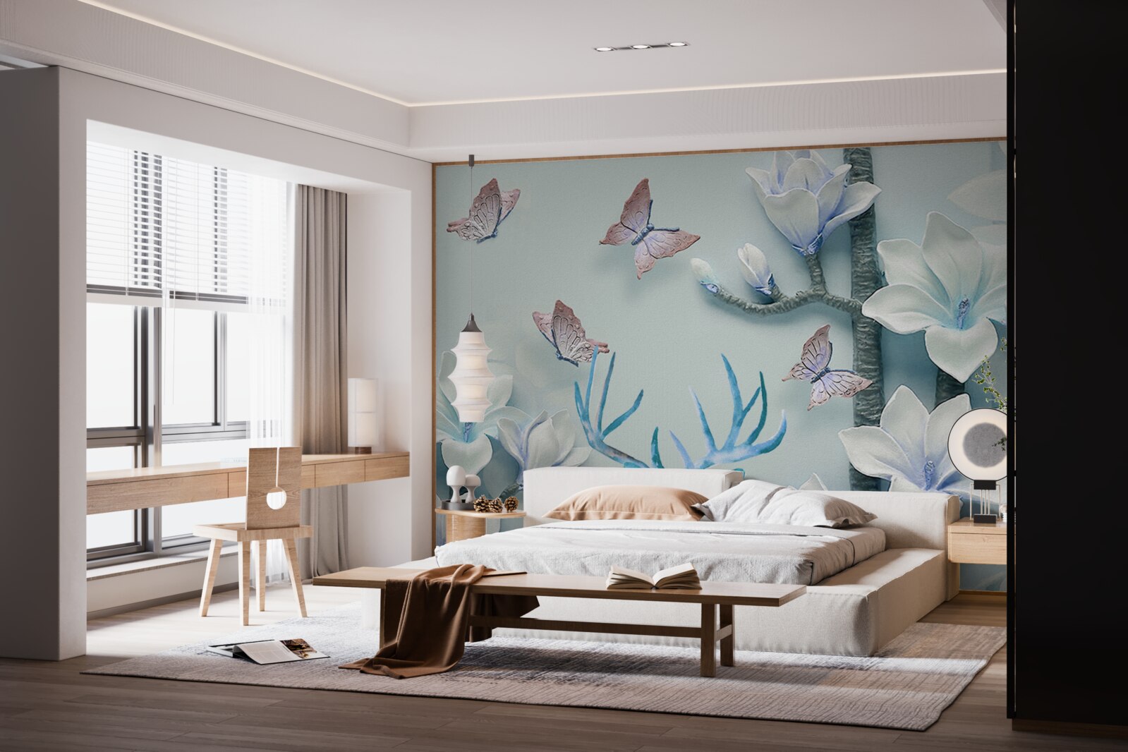 Fototapeta jeleň, biela magnólia a motýle