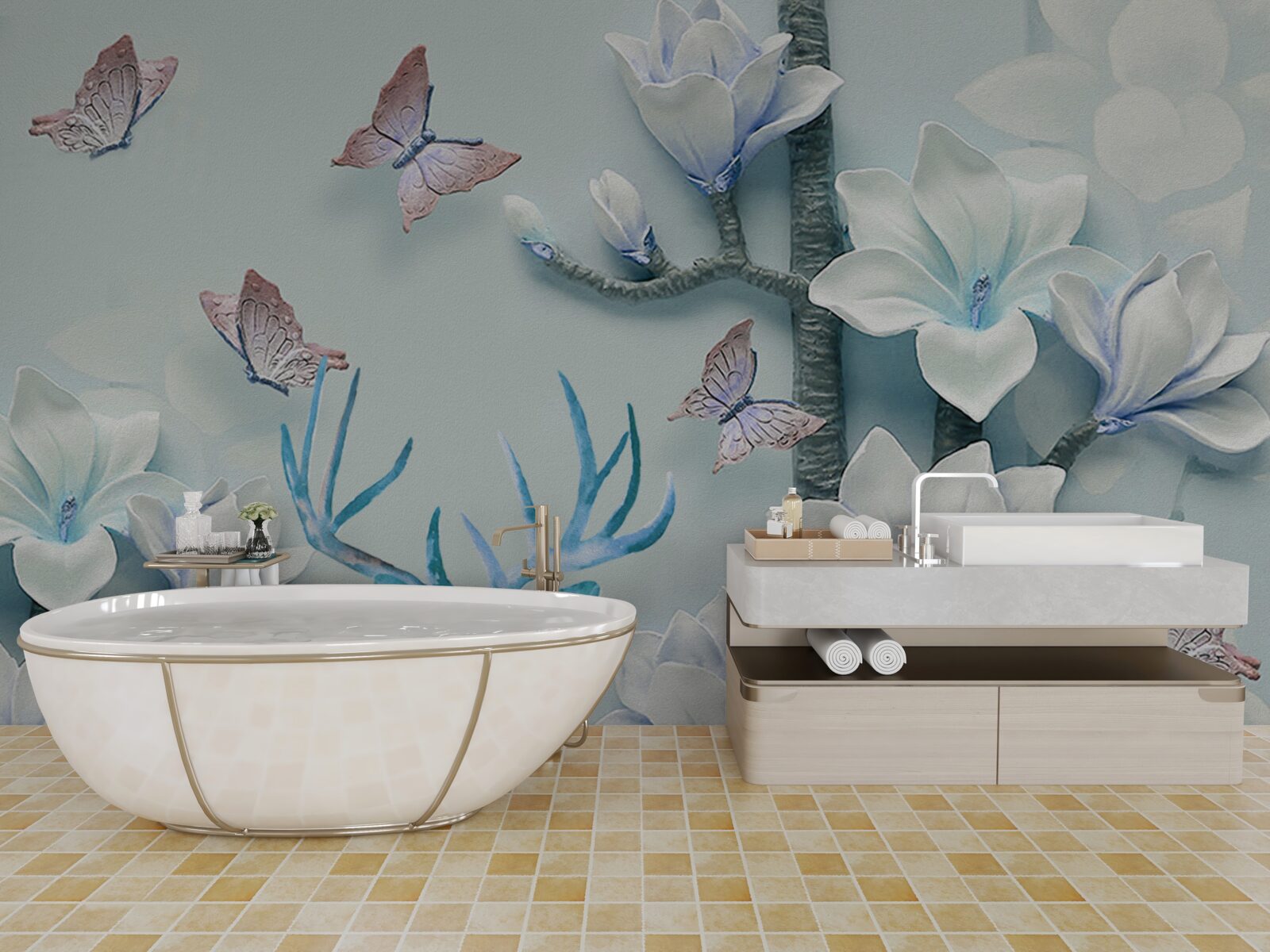 Fototapeta jeleň, biela magnólia a motýle