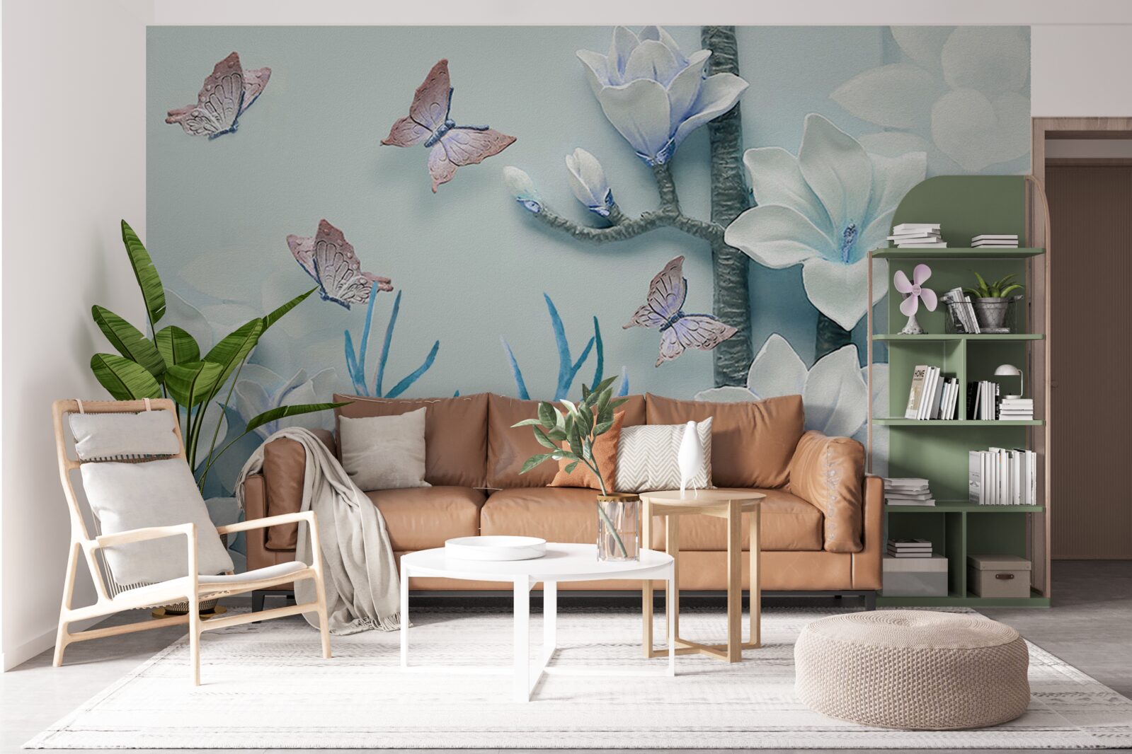 Fototapeta jeleň, biela magnólia a motýle