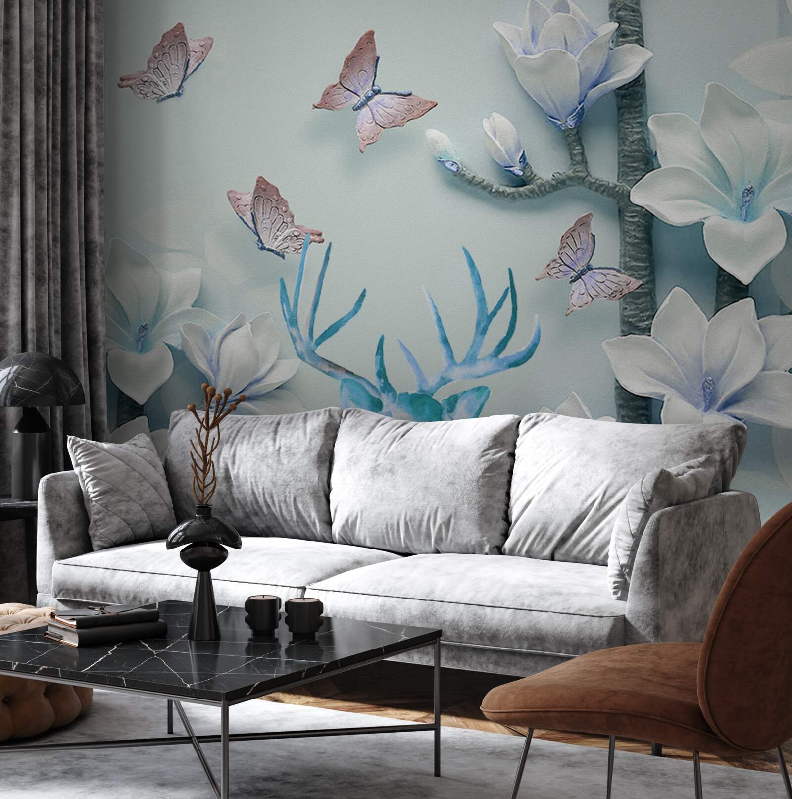 Fototapeta jeleň, biela magnólia a motýle