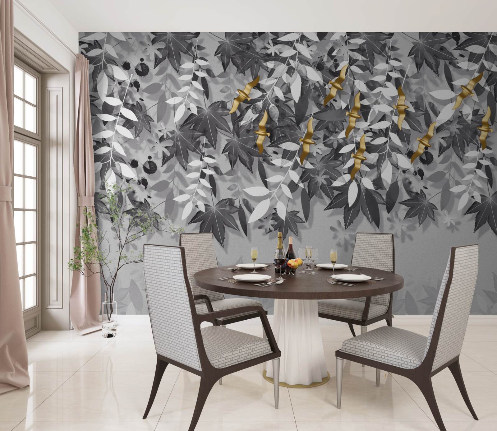 Fototapeta konáre sú snehovo biele so zlatými kvetmi