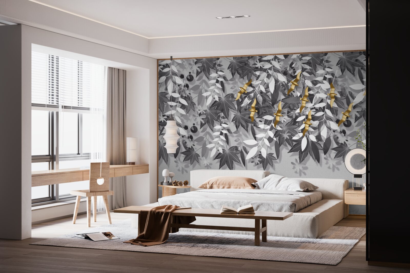 Fototapeta konáre sú snehovo biele so zlatými kvetmi