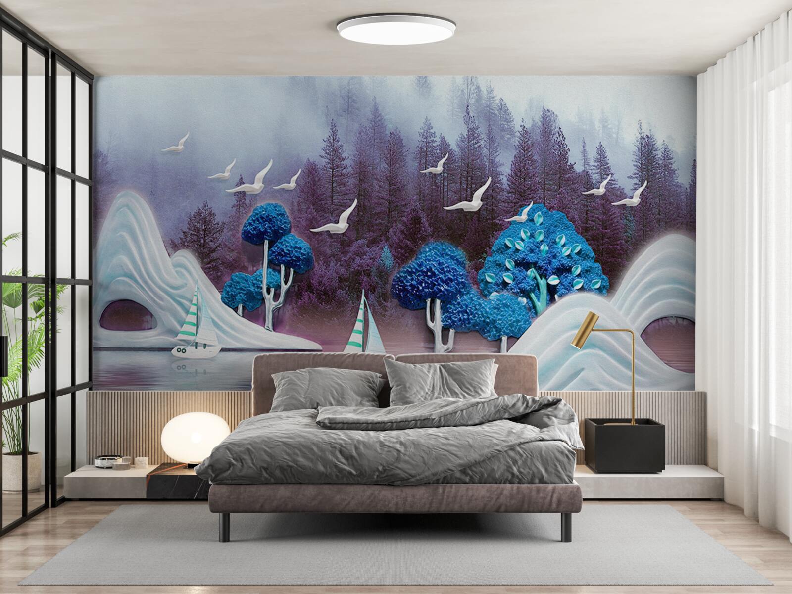 Fototapeta plachetnice plávajú cez tmavé jazero