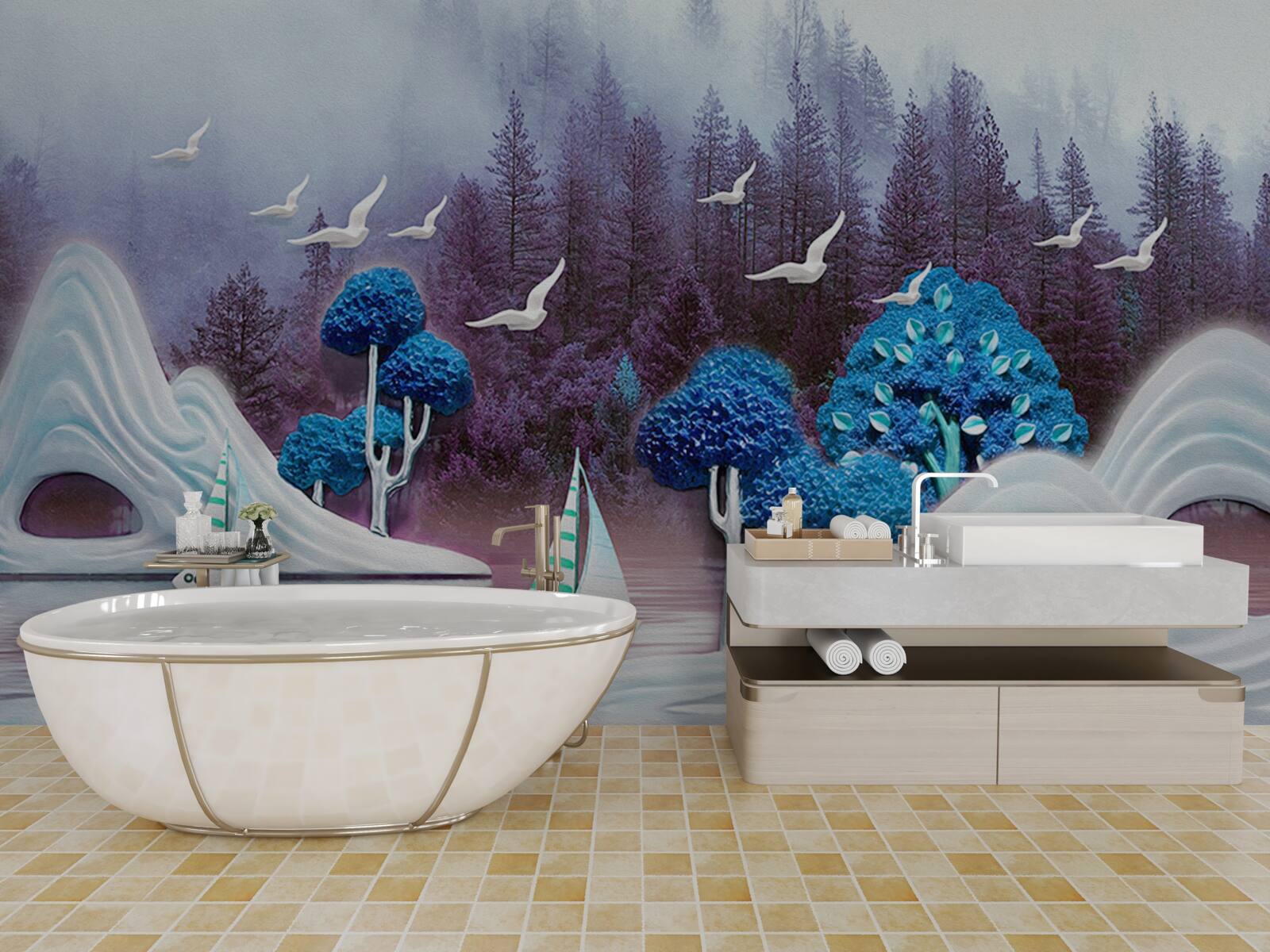 Fototapeta plachetnice plávajú cez tmavé jazero