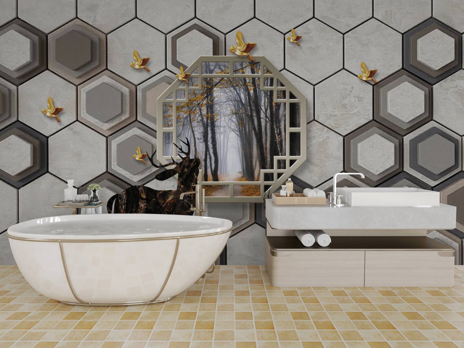 Fototapeta jeleň na pozadí lesa vytvorený pomocou mozaiky