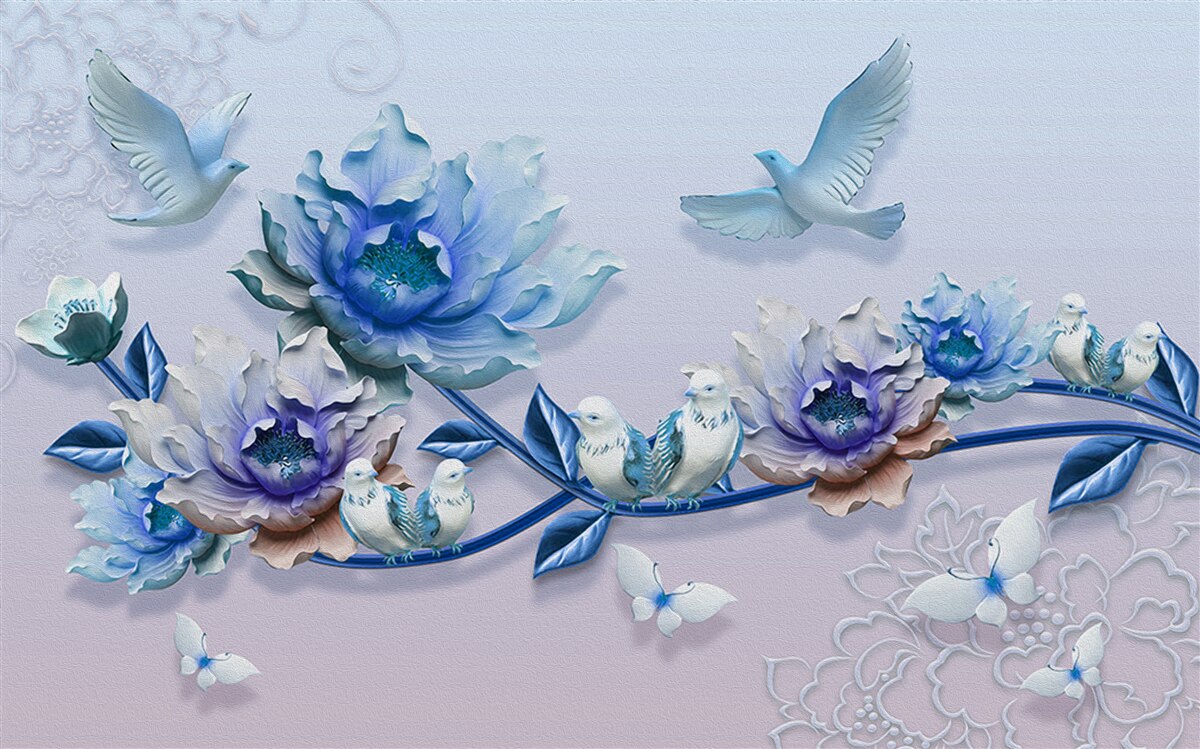 Fototapeta konár pokrytý modrými kvetmi je rajom pre holuby