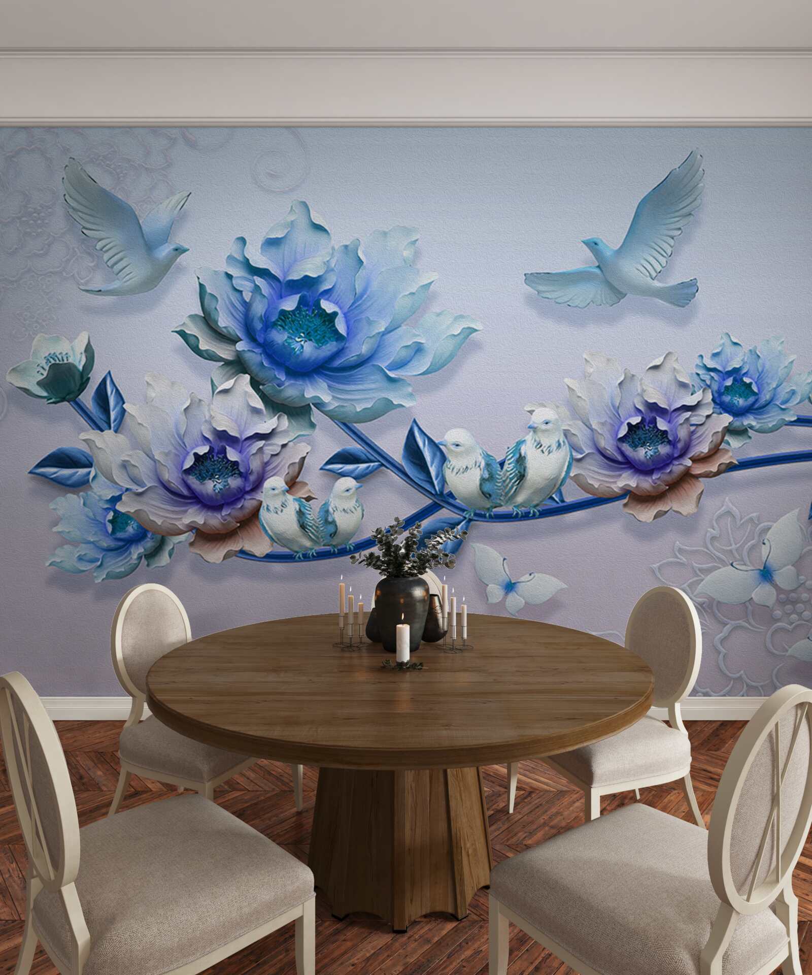 Fototapeta konár pokrytý modrými kvetmi je rajom pre holuby