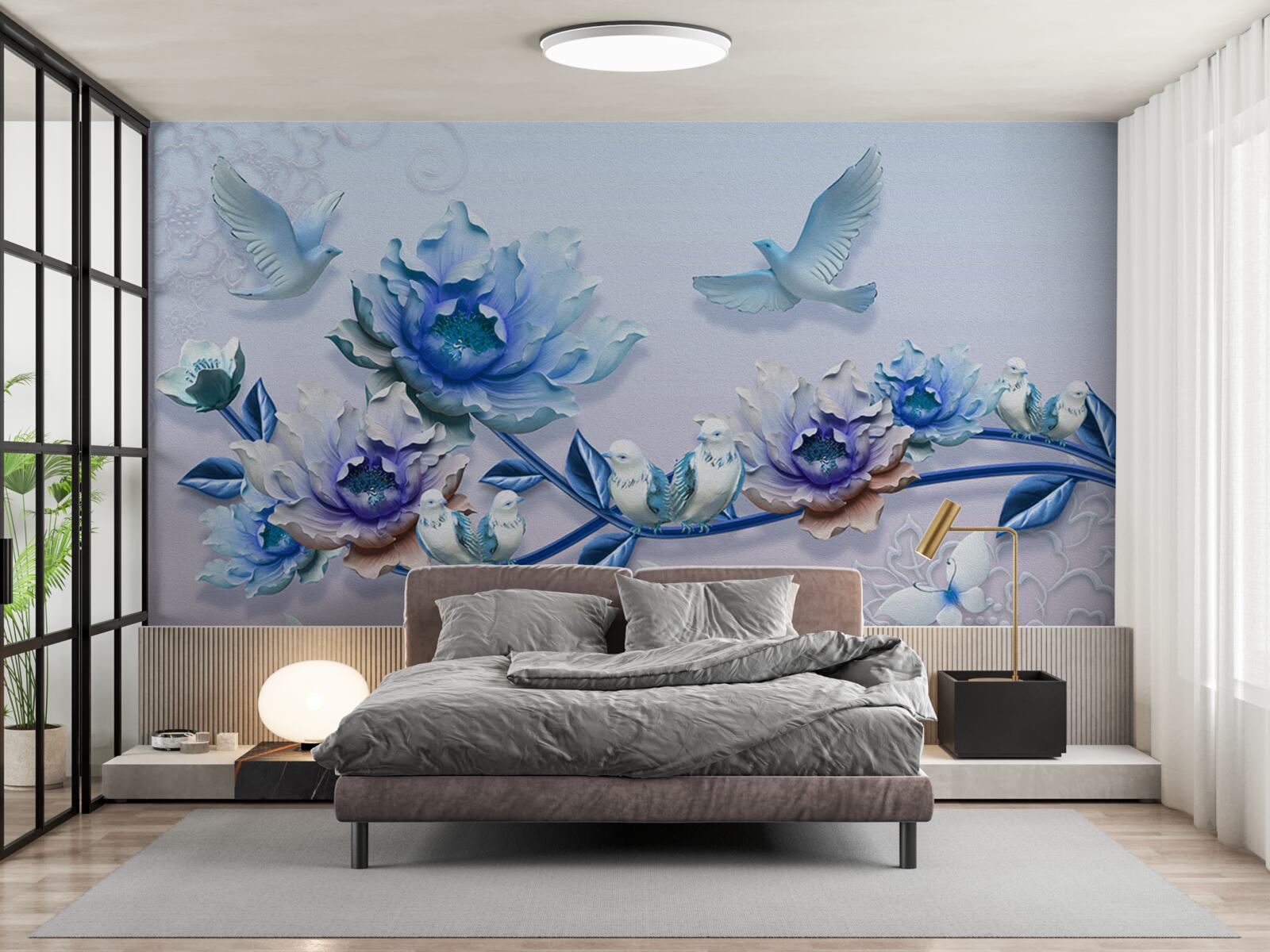 Fototapeta konár pokrytý modrými kvetmi je rajom pre holuby