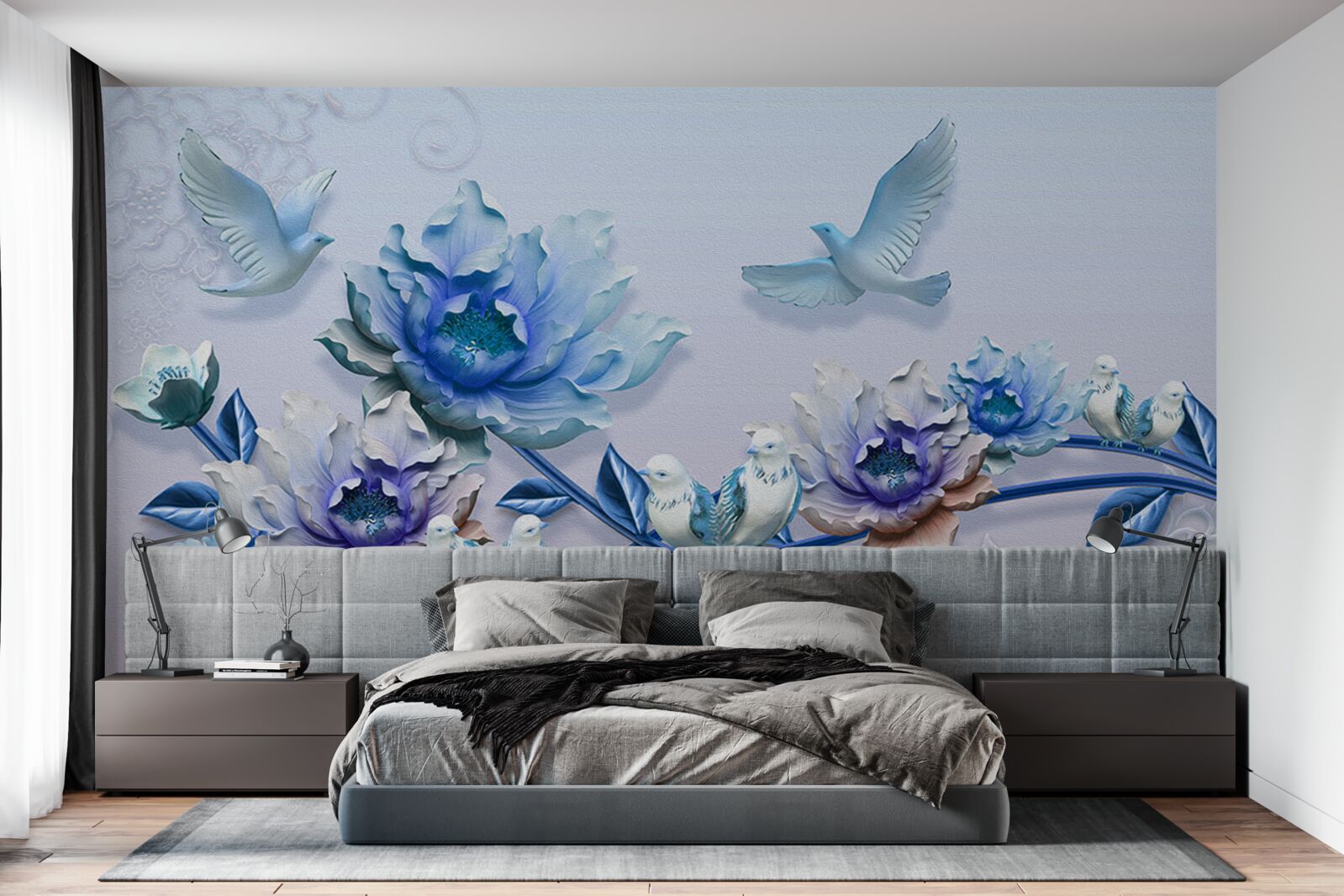 Fototapeta konár pokrytý modrými kvetmi je rajom pre holuby