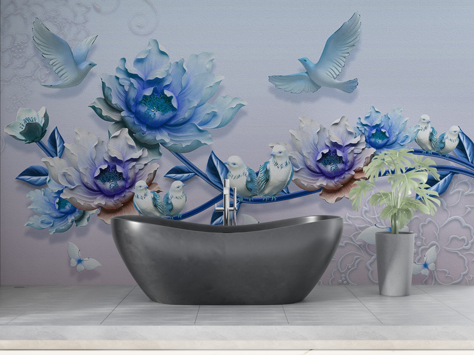 Fototapeta konár pokrytý modrými kvetmi je rajom pre holuby