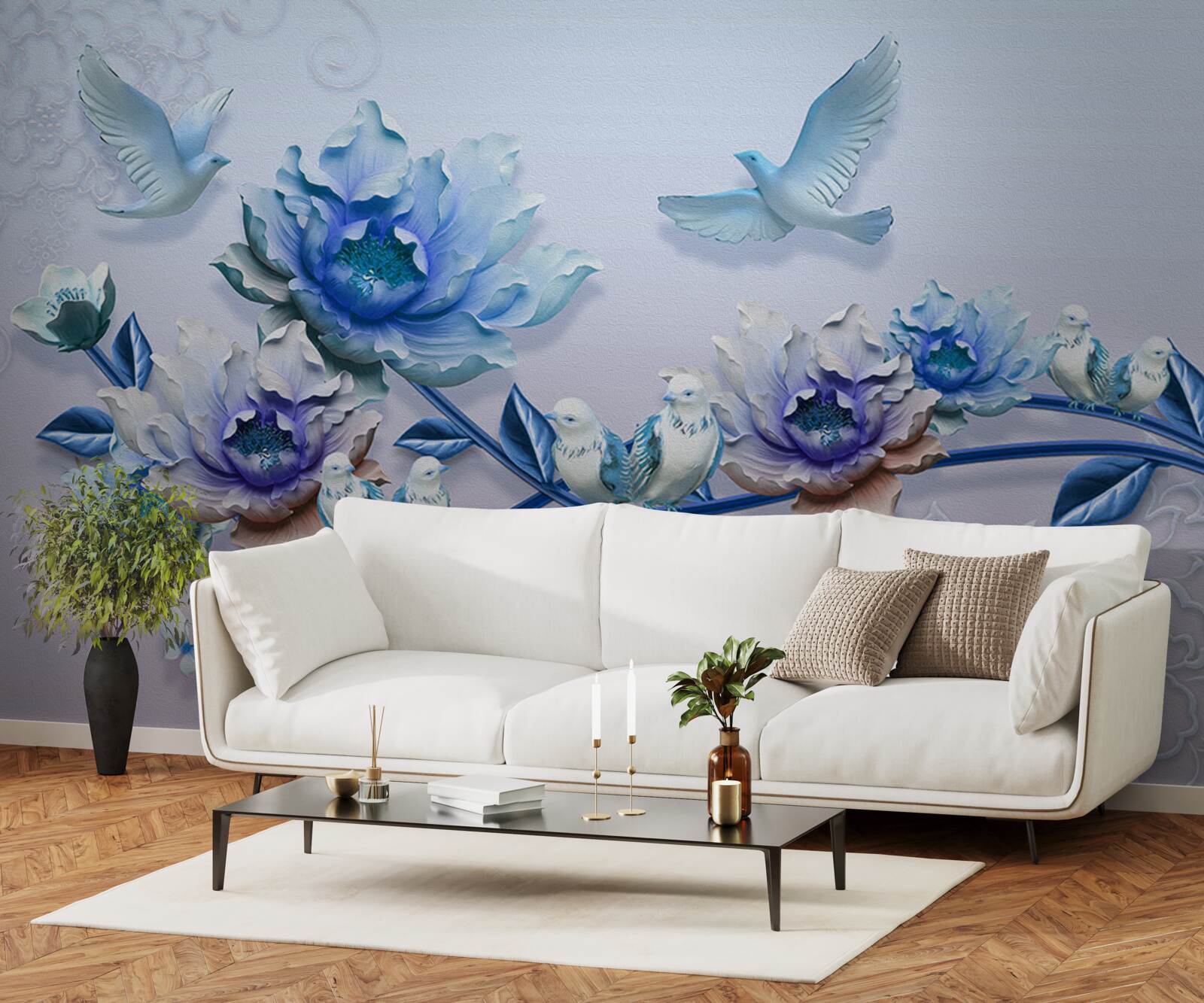 Fototapeta konár pokrytý modrými kvetmi je rajom pre holuby