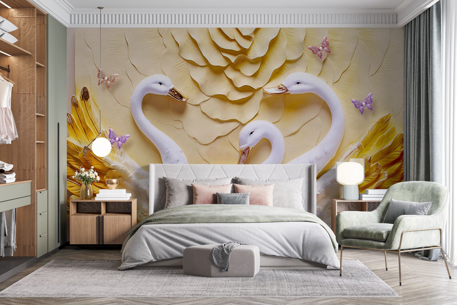 Fototapeta labute sú biele s krídlami opletenými zlatom