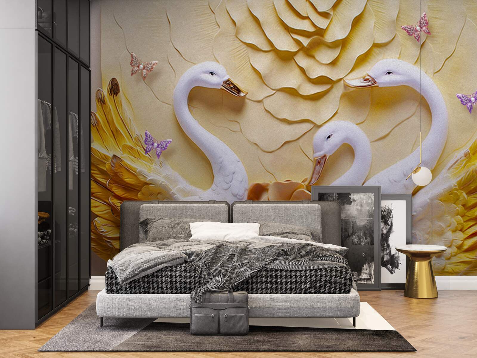 Fototapeta labute sú biele s krídlami opletenými zlatom