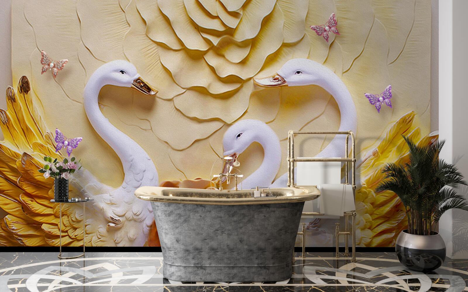 Fototapeta labute sú biele s krídlami opletenými zlatom