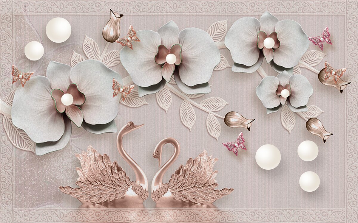 Fototapeta Medzi vodnými kvetmi plávajú zlatom zdobené labute