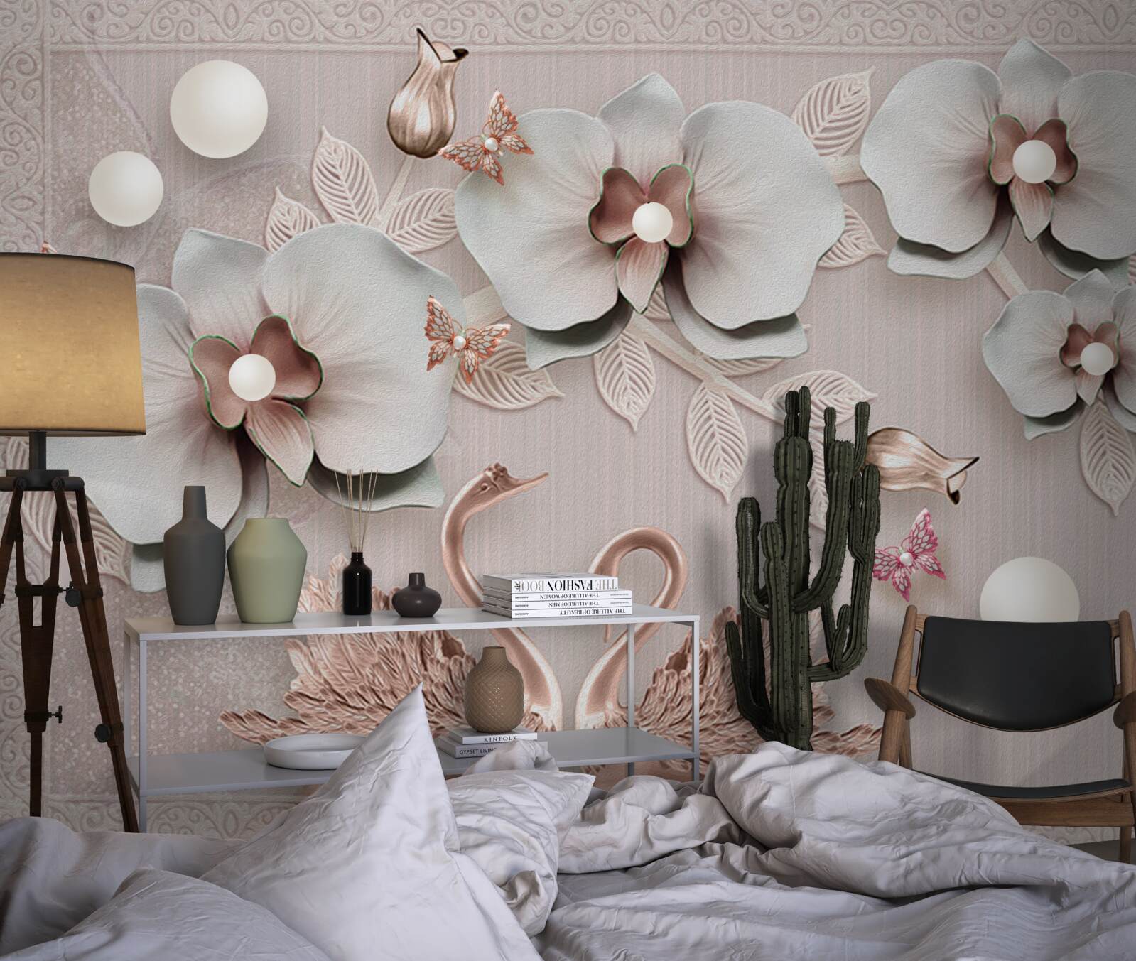 Fototapeta Medzi vodnými kvetmi plávajú zlatom zdobené labute