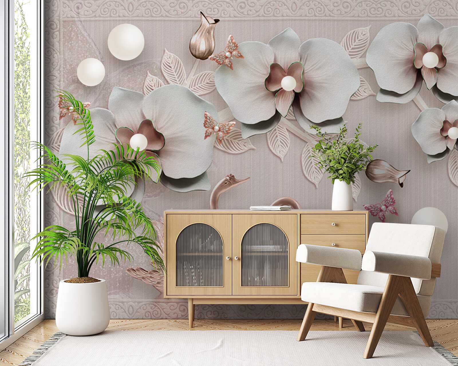 Fototapeta Medzi vodnými kvetmi plávajú zlatom zdobené labute