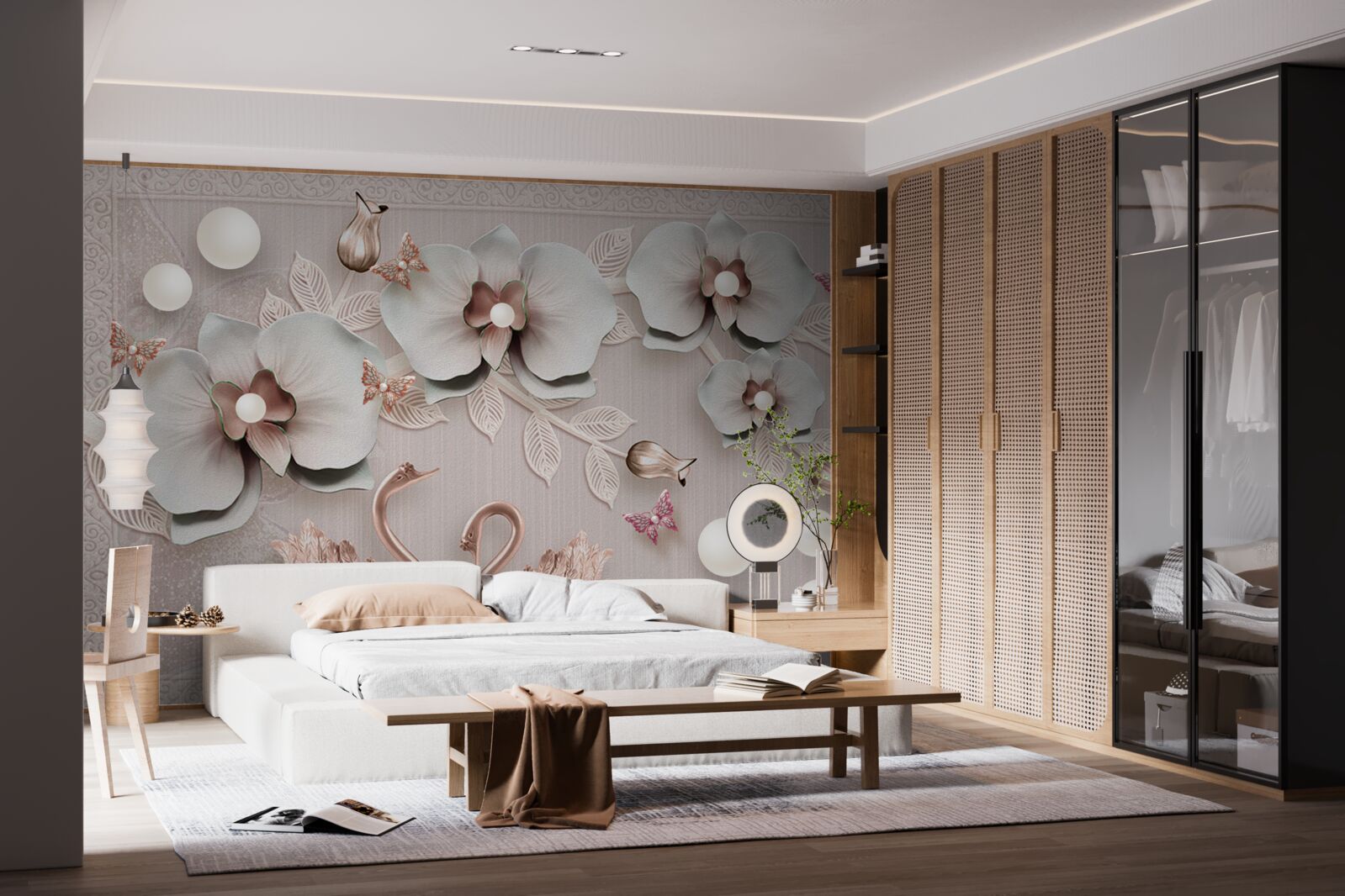 Fototapeta Medzi vodnými kvetmi plávajú zlatom zdobené labute