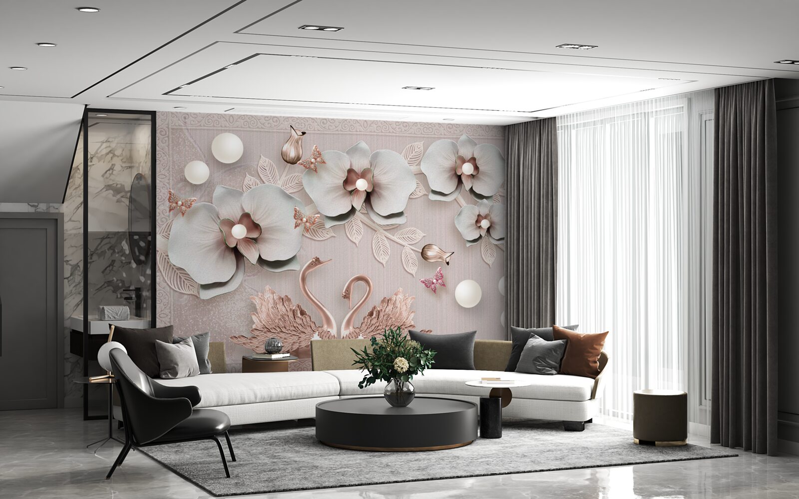 Fototapeta Medzi vodnými kvetmi plávajú zlatom zdobené labute