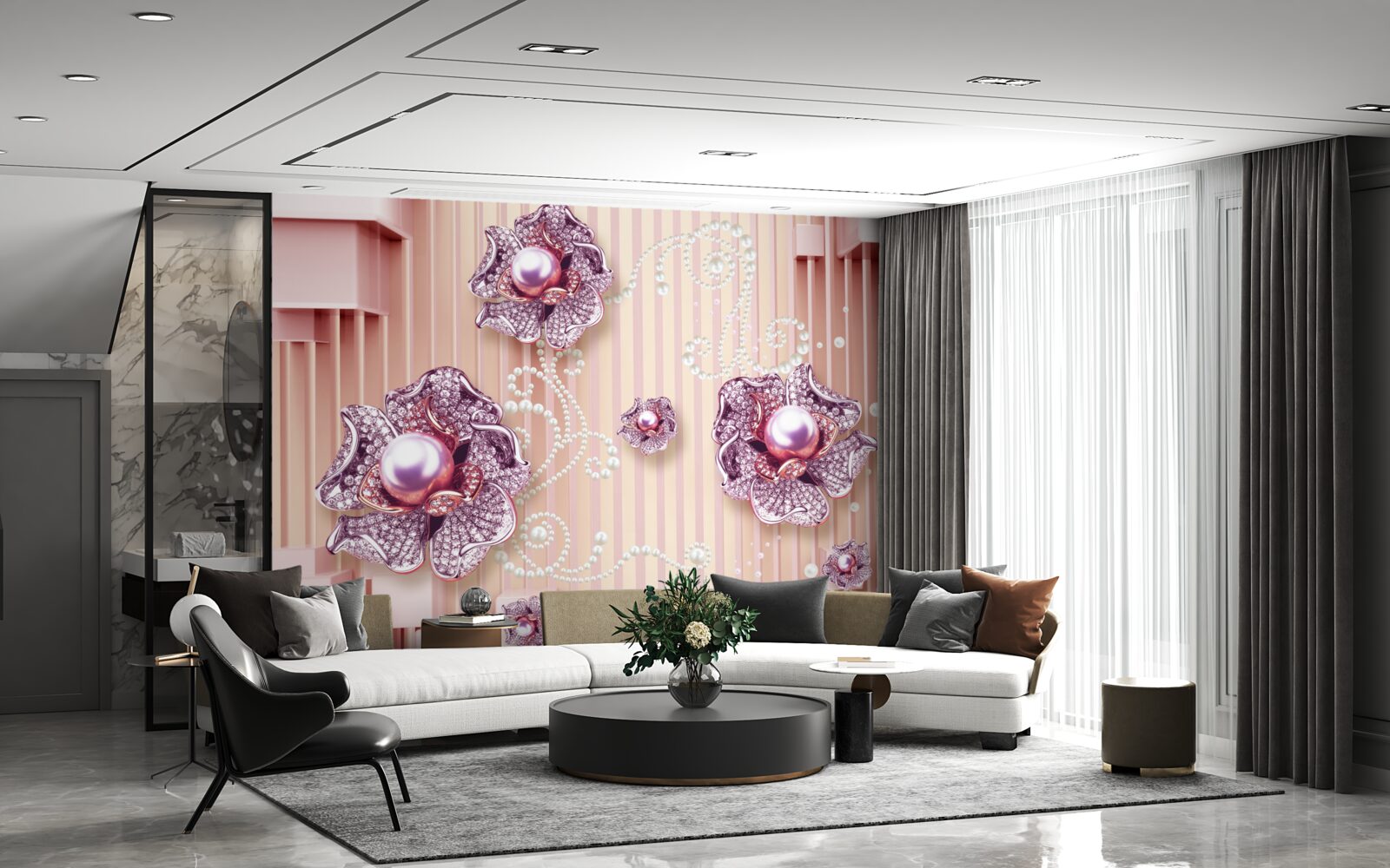 Fototapeta diamantové a perlové kvety na ružovom pozadí