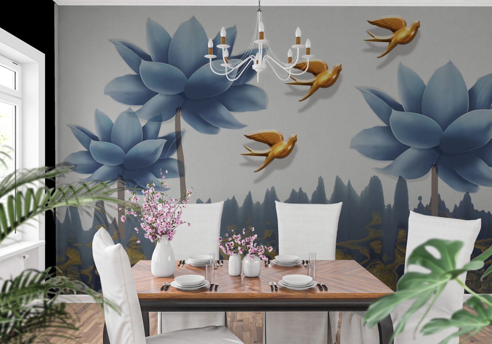 Fototapeta zlaté vtáky lietajú nad lúkou posiatou kvetmi