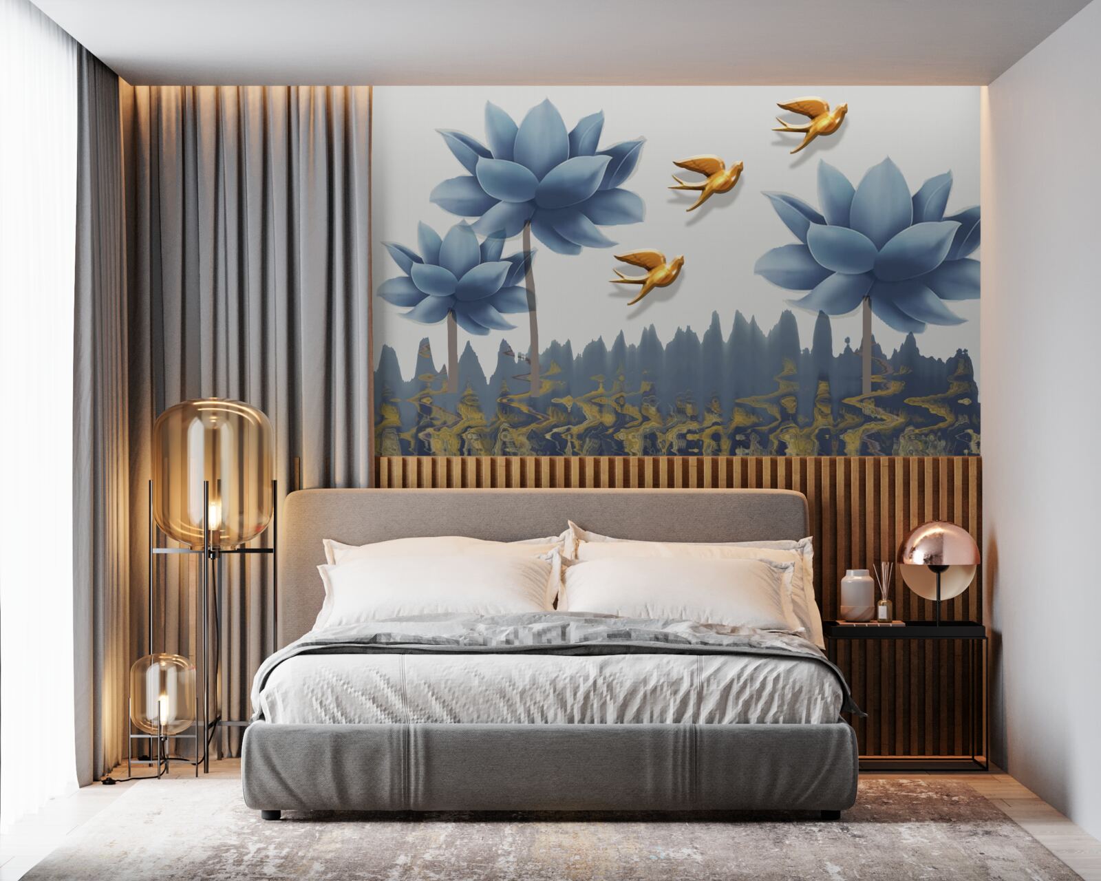 Fototapeta zlaté vtáky lietajú nad lúkou posiatou kvetmi