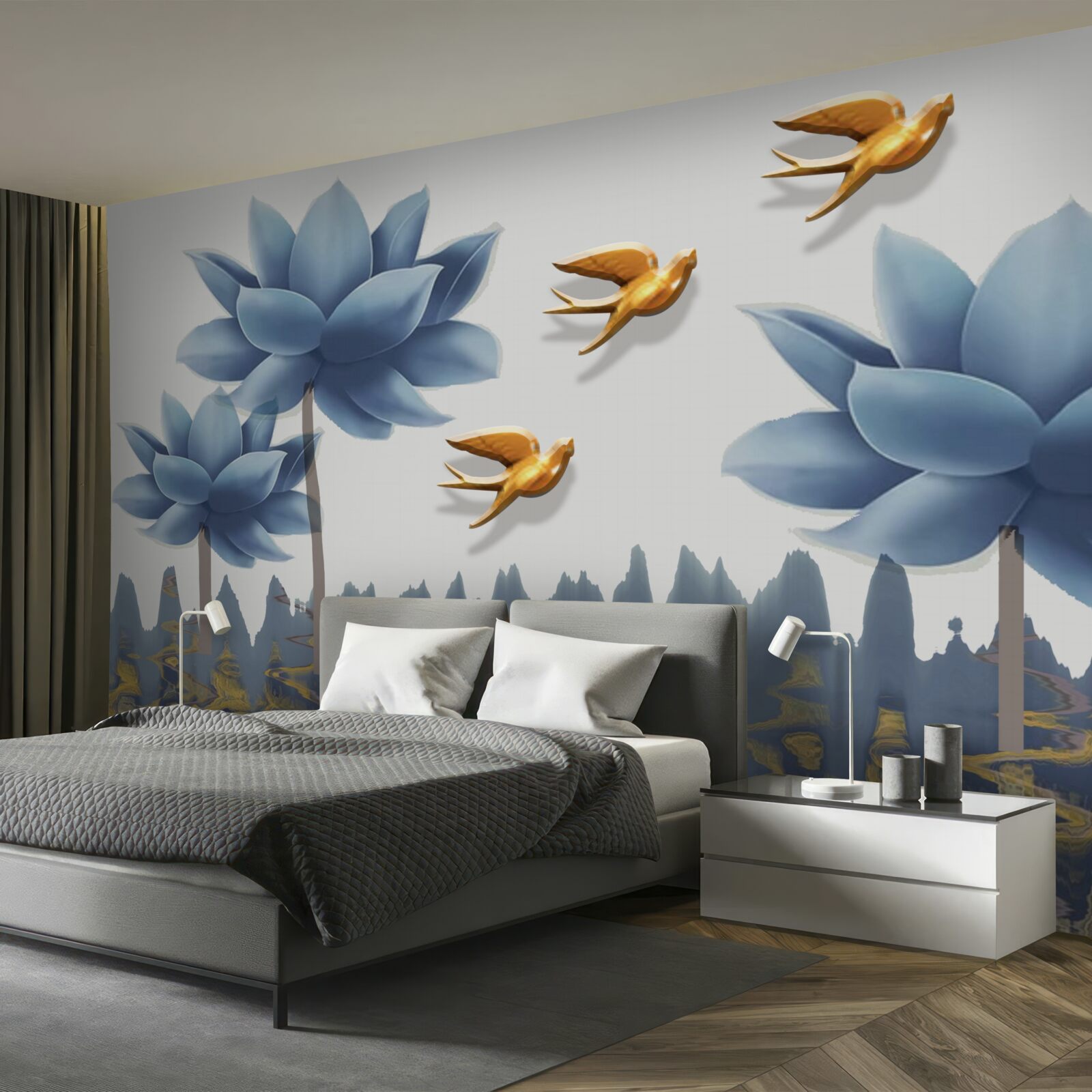 Fototapeta zlaté vtáky lietajú nad lúkou posiatou kvetmi