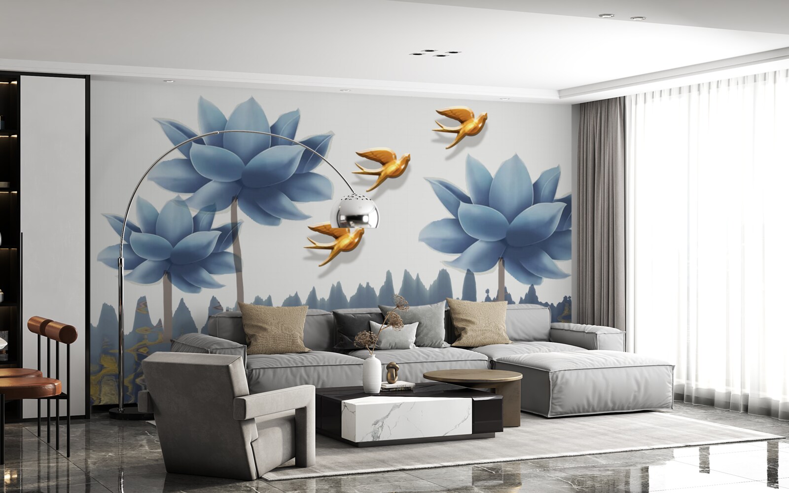 Fototapeta zlaté vtáky lietajú nad lúkou posiatou kvetmi