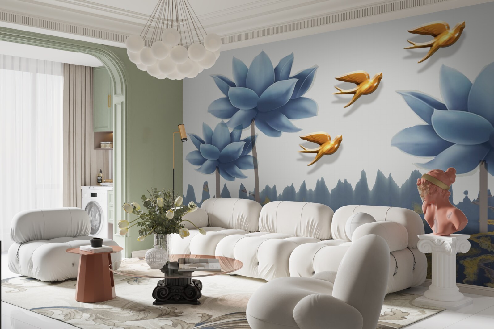 Fototapeta zlaté vtáky lietajú nad lúkou posiatou kvetmi