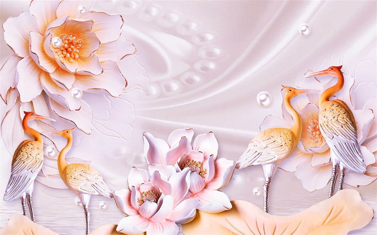 Fototapeta kŕdeľ vtákov a šarlátových ruží na hodvábe