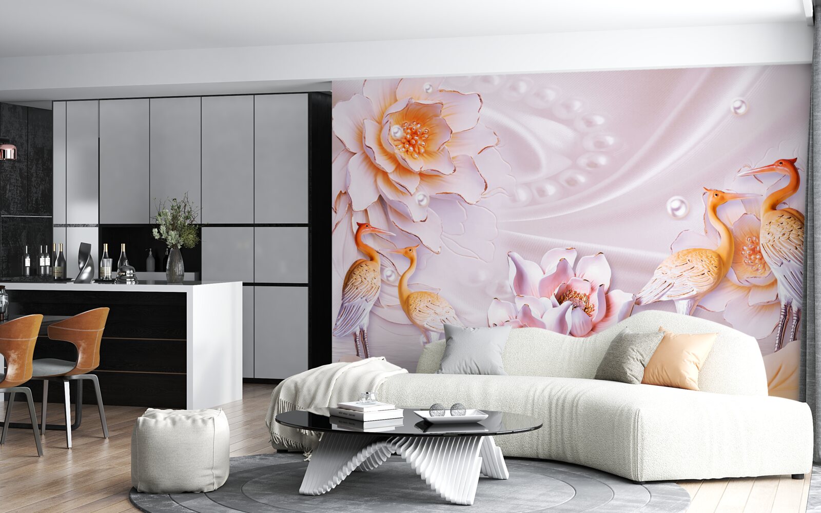 Fototapeta kŕdeľ vtákov a šarlátových ruží na hodvábe