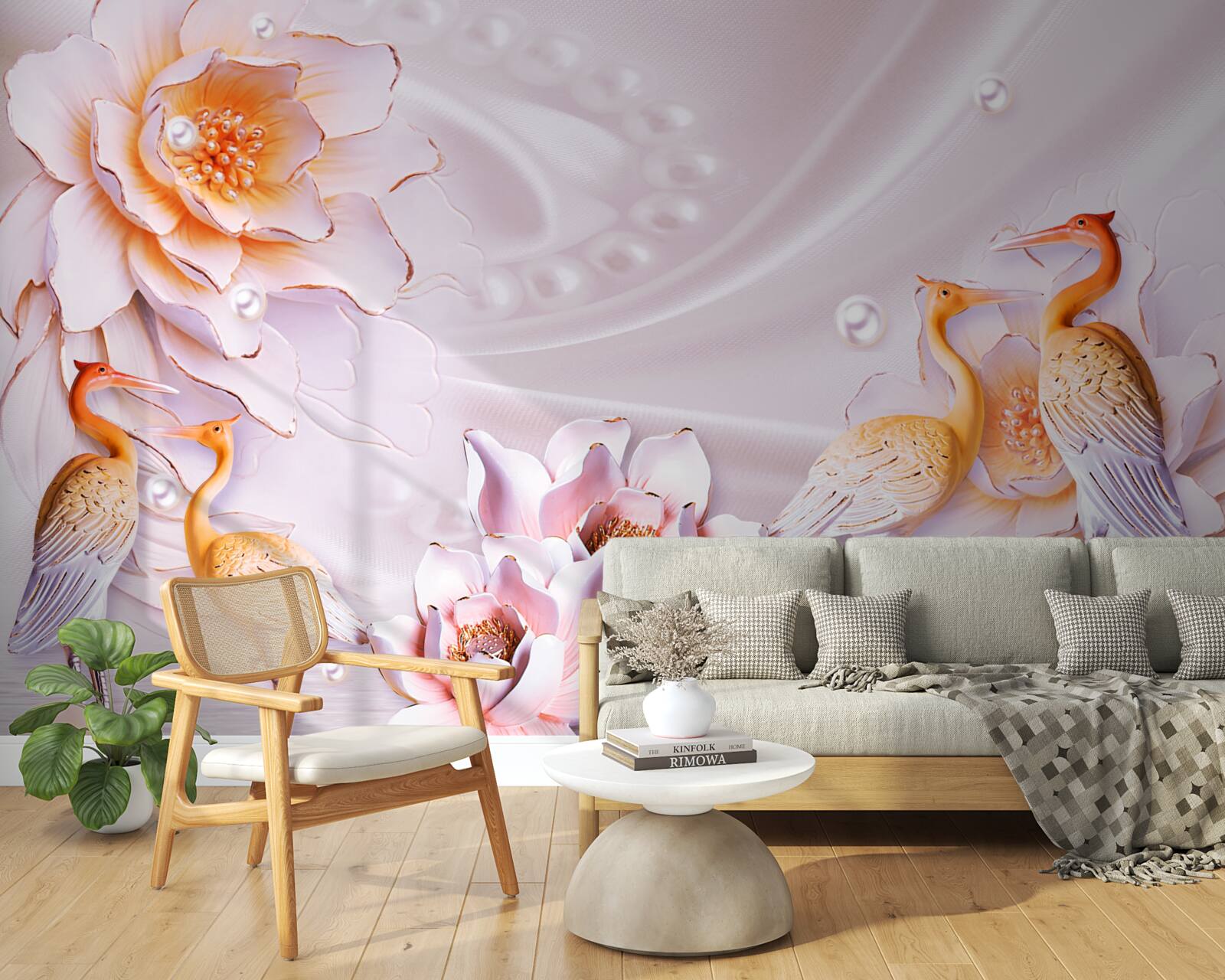 Fototapeta kŕdeľ vtákov a šarlátových ruží na hodvábe