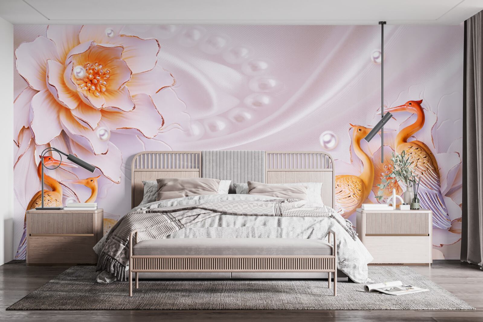 Fototapeta kŕdeľ vtákov a šarlátových ruží na hodvábe