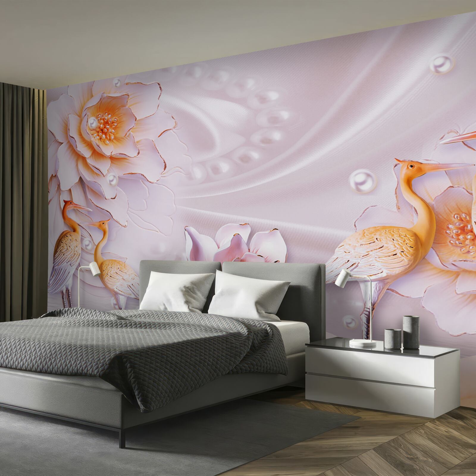 Fototapeta kŕdeľ vtákov a šarlátových ruží na hodvábe