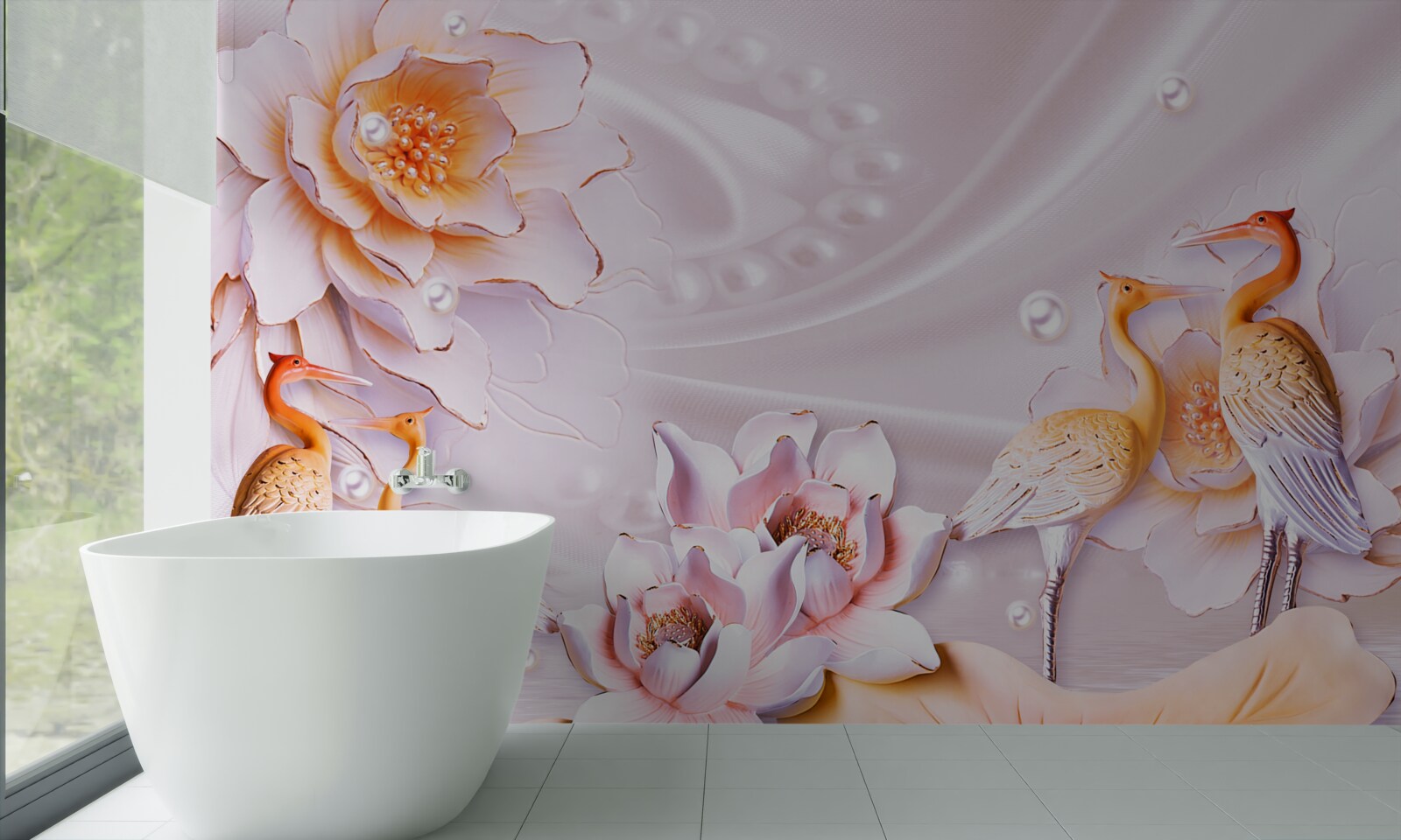 Fototapeta kŕdeľ vtákov a šarlátových ruží na hodvábe