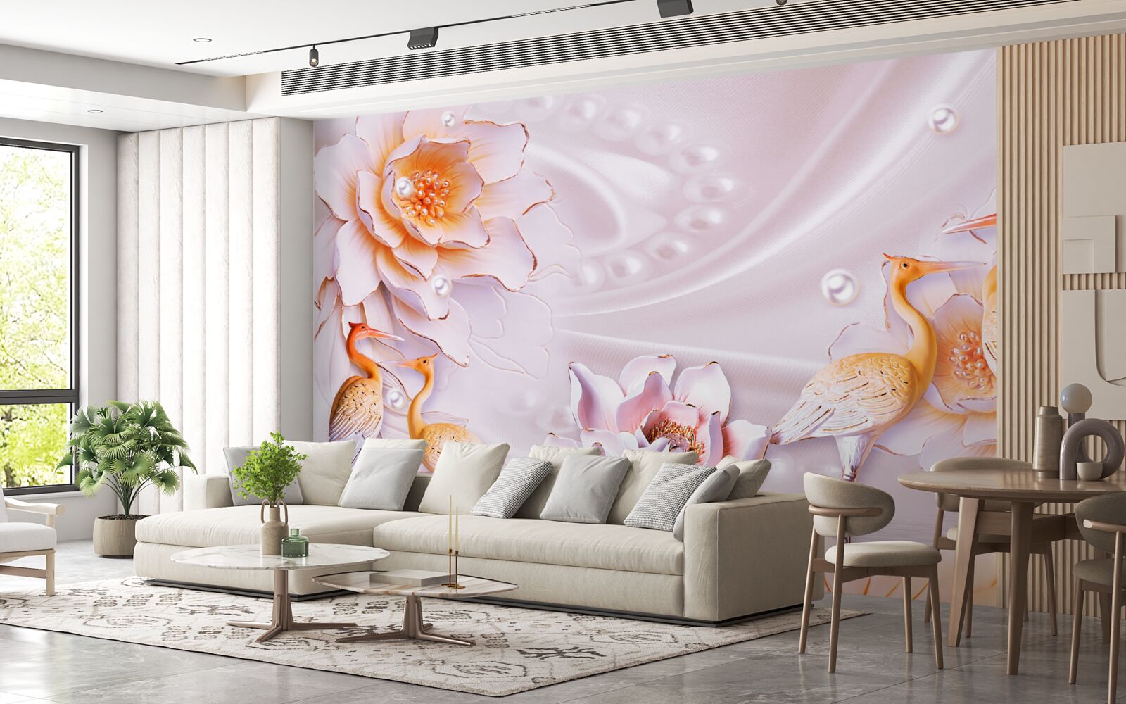 Fototapeta kŕdeľ vtákov a šarlátových ruží na hodvábe