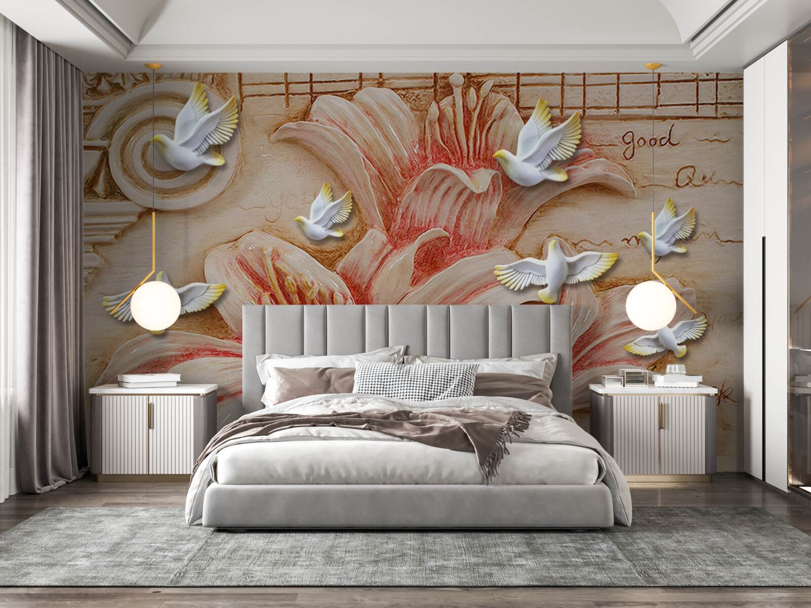 Fototapeta ružové ľalie a svetlé labute