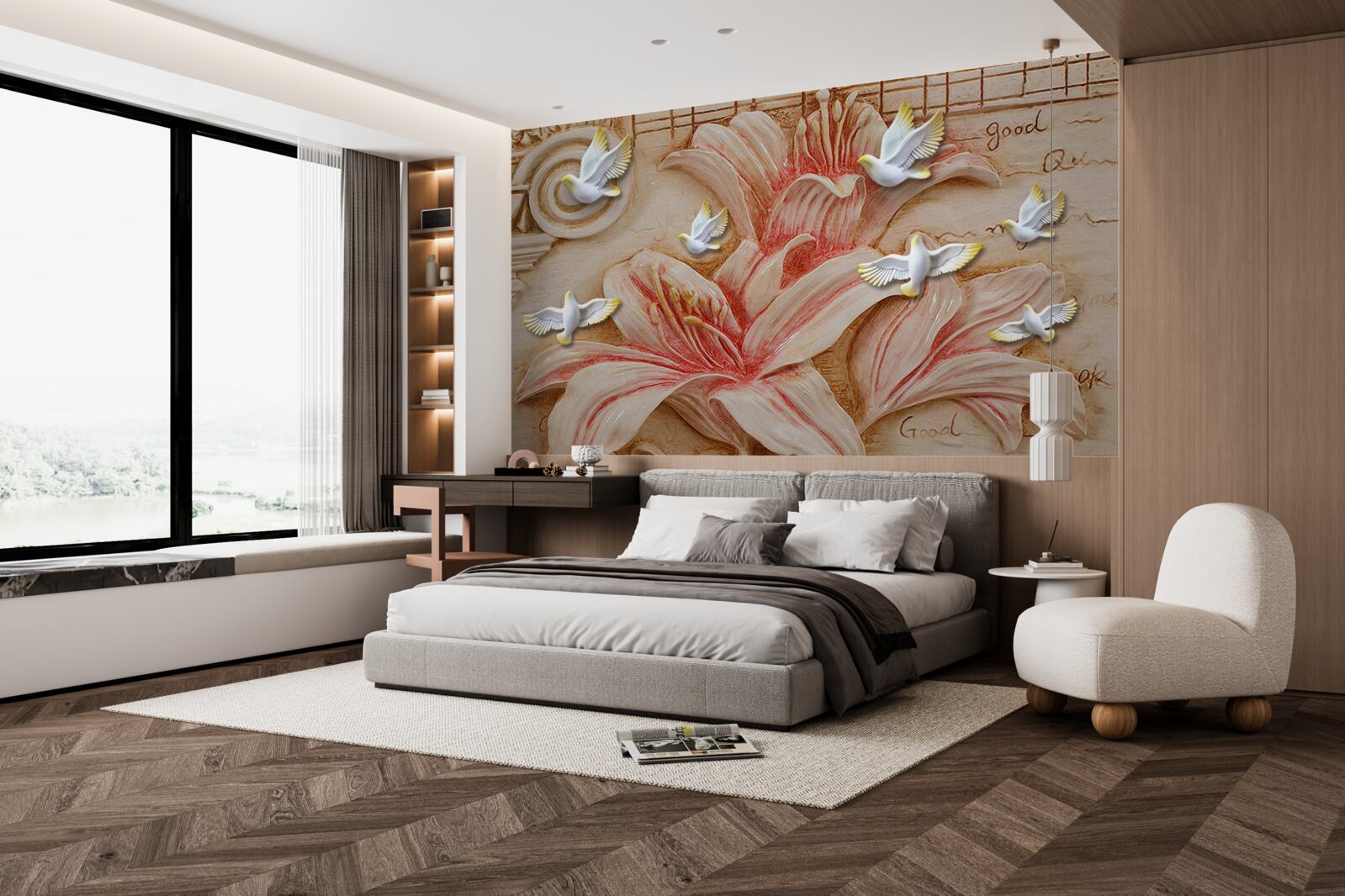 Fototapeta ružové ľalie a svetlé labute