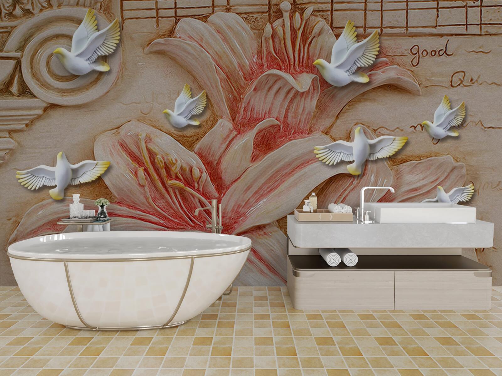 Fototapeta ružové ľalie a svetlé labute