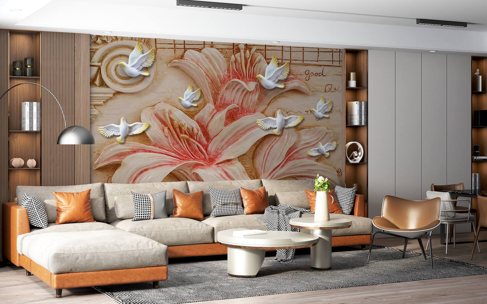 Fototapeta ružové ľalie a svetlé labute