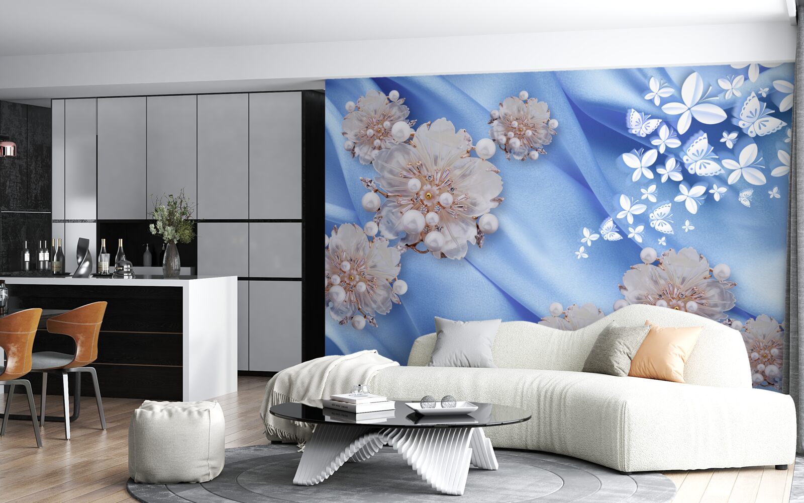 Fototapeta biele motýle a kvety na modrom hodvábe