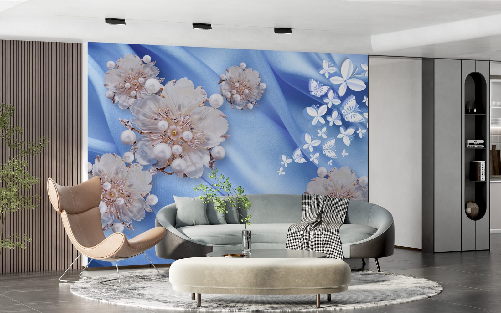 Fototapeta biele motýle a kvety na modrom hodvábe