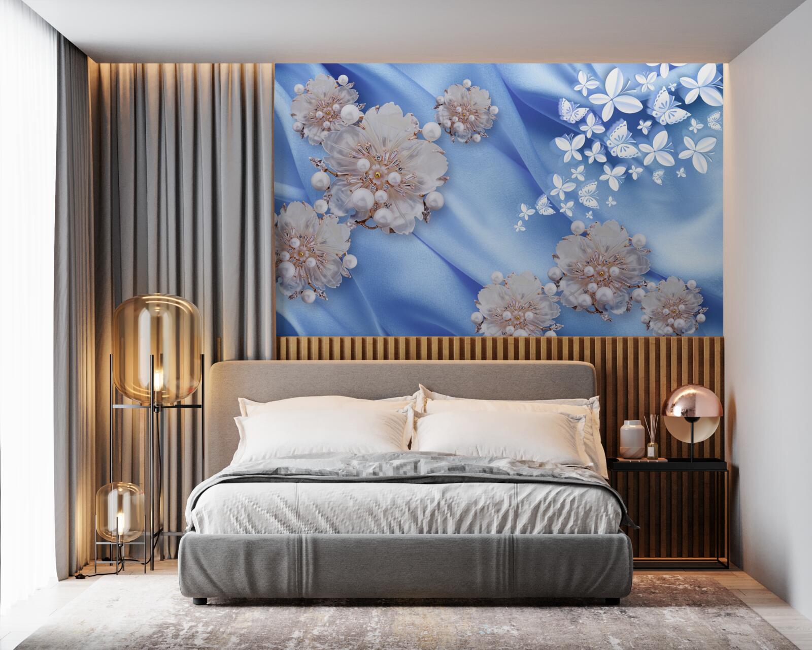 Fototapeta biele motýle a kvety na modrom hodvábe